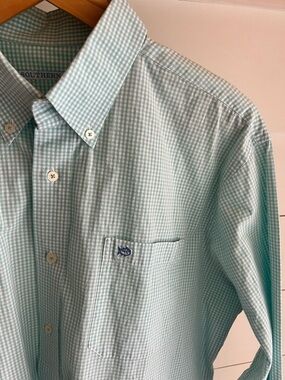 Southern Tide Men’s Mint Teal Gingham Button-Down Shirt Size Large